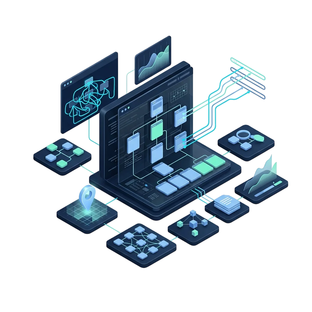 SEO architecture connecting search demand, technical access, service pages, internal links and organic measurement.