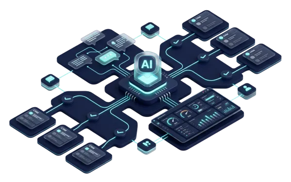 AI automation workflow connecting inquiries, qualification, CRM routing and human handoff.