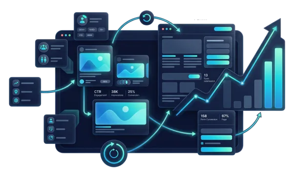 Embudo de marketing digital que conecta campañas, landing pages, captación y medición.