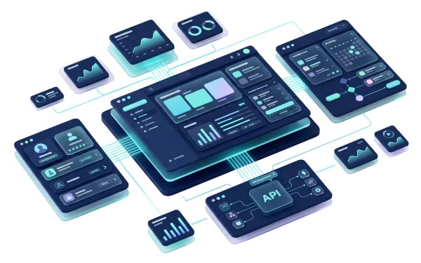 Custom SaaS product interface connecting users, workflows, data, integrations and reporting.