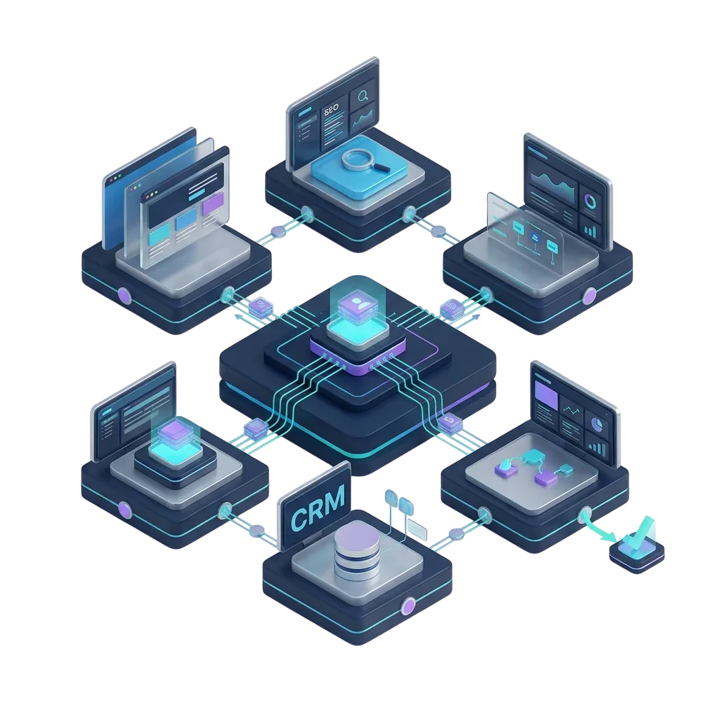 Connected digital growth infrastructure linking demand, website, CRM, automation and reporting