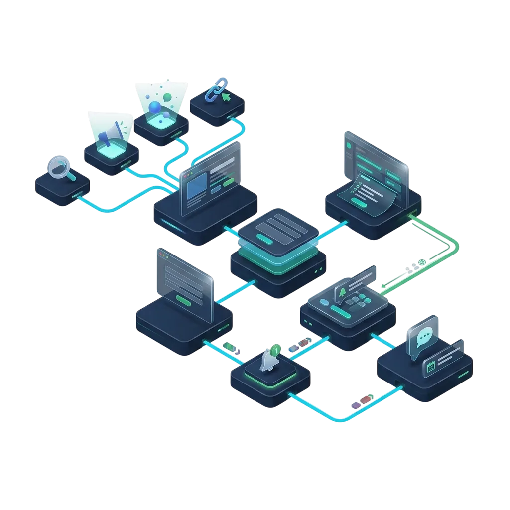 Lead generation system connecting traffic, landing page, qualification, routing and response