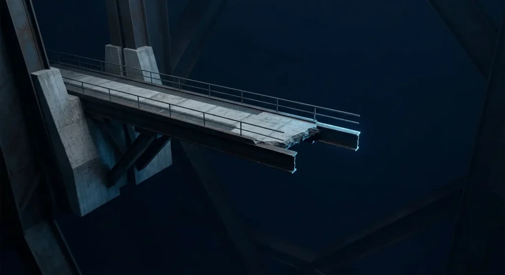 Elevated pathway fracturing at a section where structural support is missing