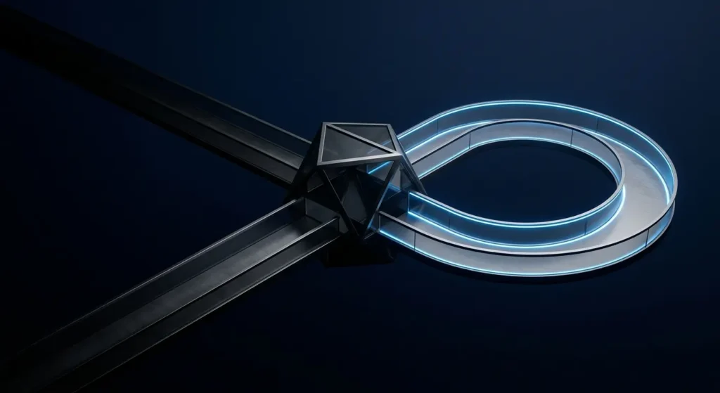 One transaction path ending in shadow beside a second path returning as an illuminated closed loop.