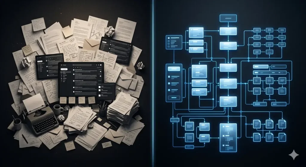Manual paperwork and scattered tools compared with a connected automated workflow