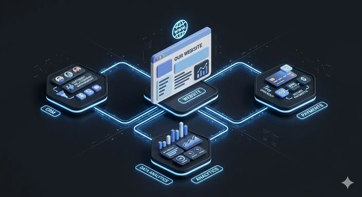 Website connected with CRM, analytics, payments, and automation