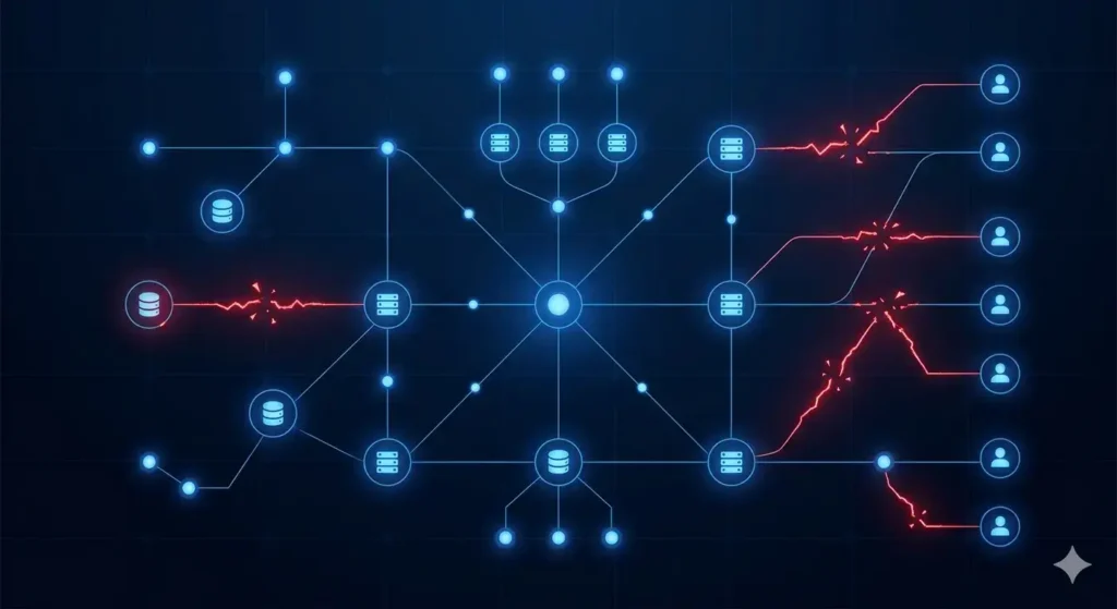 Network diagram with broken connections between data systems and users