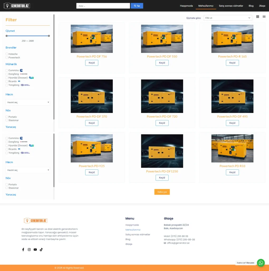 Generator.az product catalog with generator listings and filtering controls