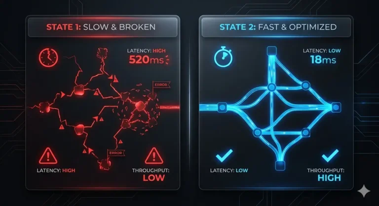 Website performance issues shown as a slow broken system versus a fast optimized system