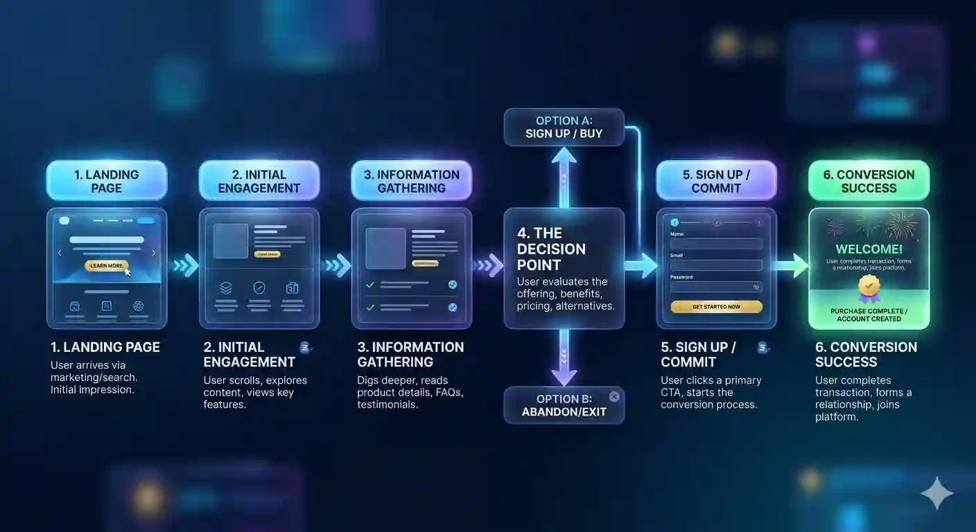 Connected path from website entry to decision and action