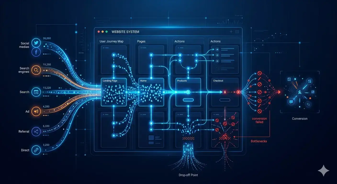 System map showing drop-off points between website traffic and revenue