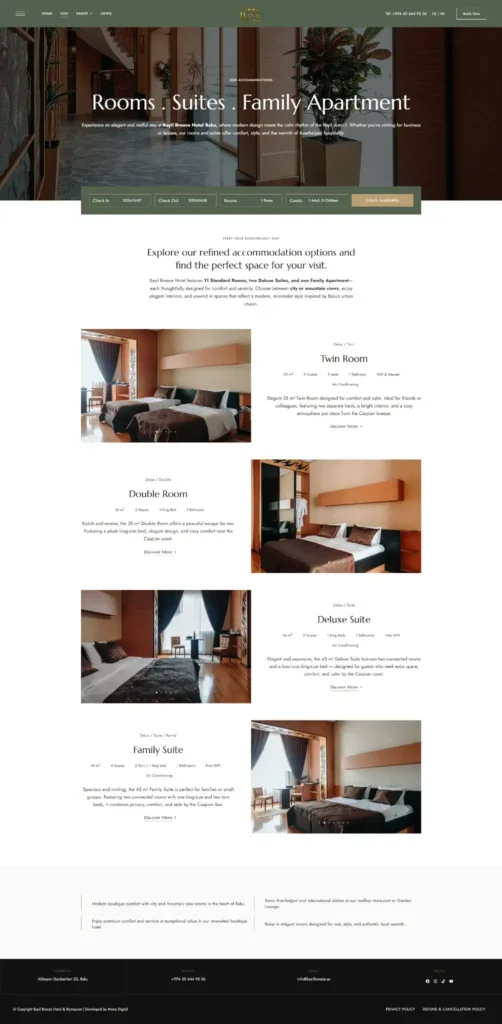 Hotel room listing with structured layout and booking-ready interface