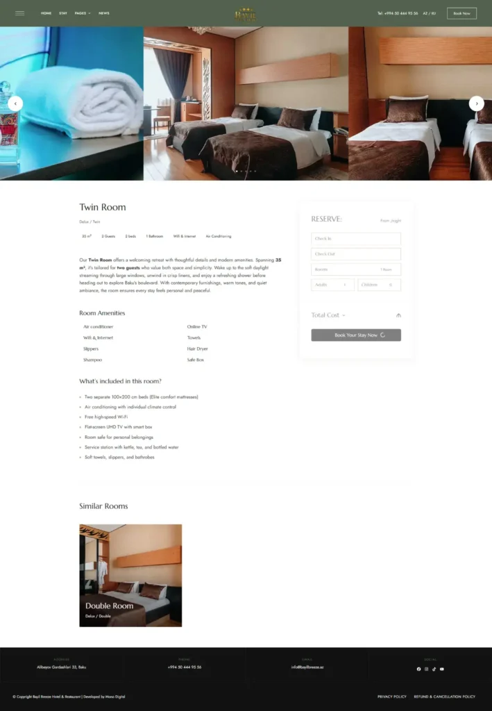 Hotel room page with booking panel and reservation system