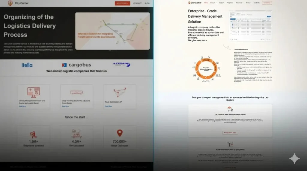 Sitio web antiguo de CityCarrier con una estructura limitada y una presentación de productos poco clara