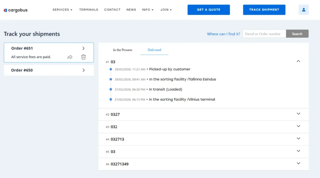 parcel tracking delivered shipment interface completed orders view