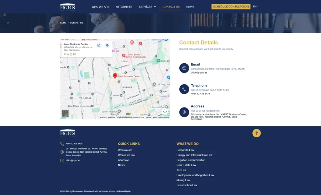 law firm contact page with map and details