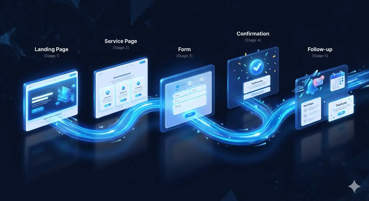 Website journey from landing page through inquiry and follow-up