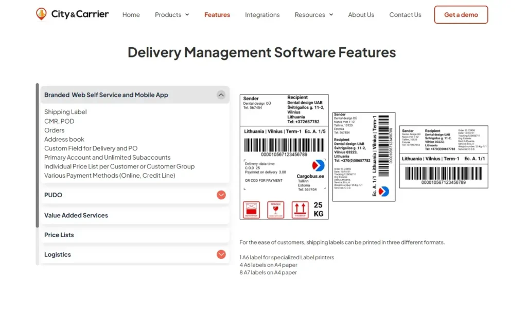 Página de funciones de CityCarrier con desplegables interactivos y contenido dinámico