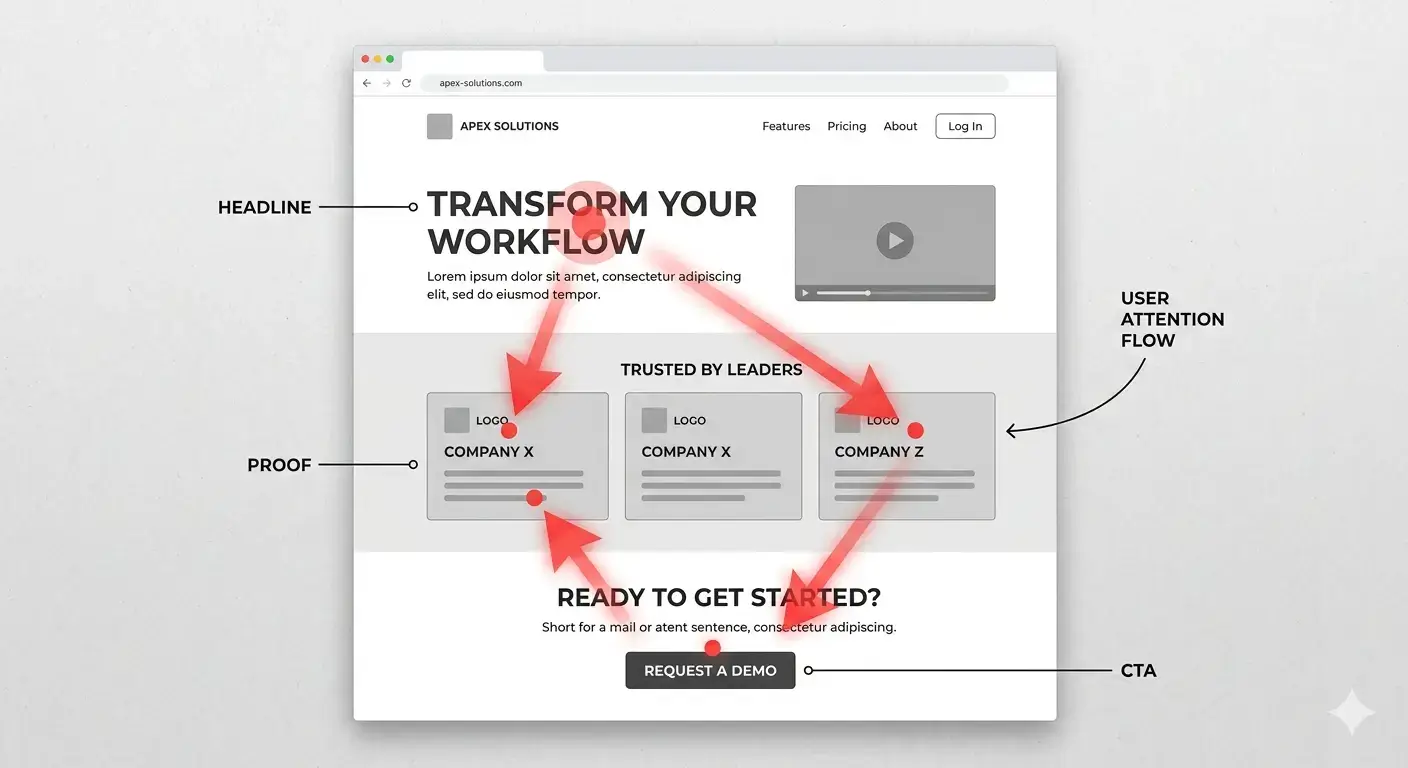 Attention path moving through a structured website layout