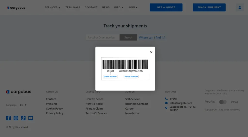 parcel tracking help modal showing barcode and order number location