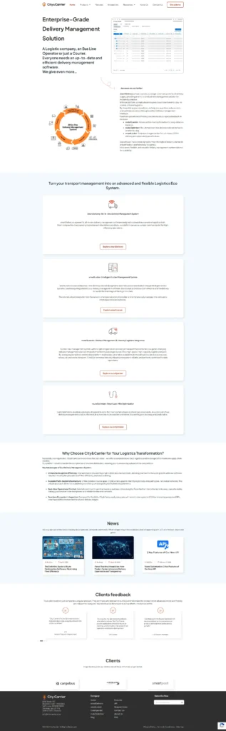 Nueva página de inicio de CityCarrier con una interfaz SaaS estructurada y segmentación de productos