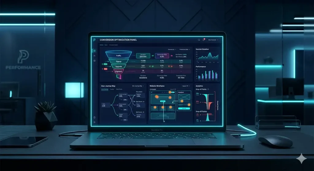 Conversion rate diagnosis dashboard showing website drop-off points and user behavior