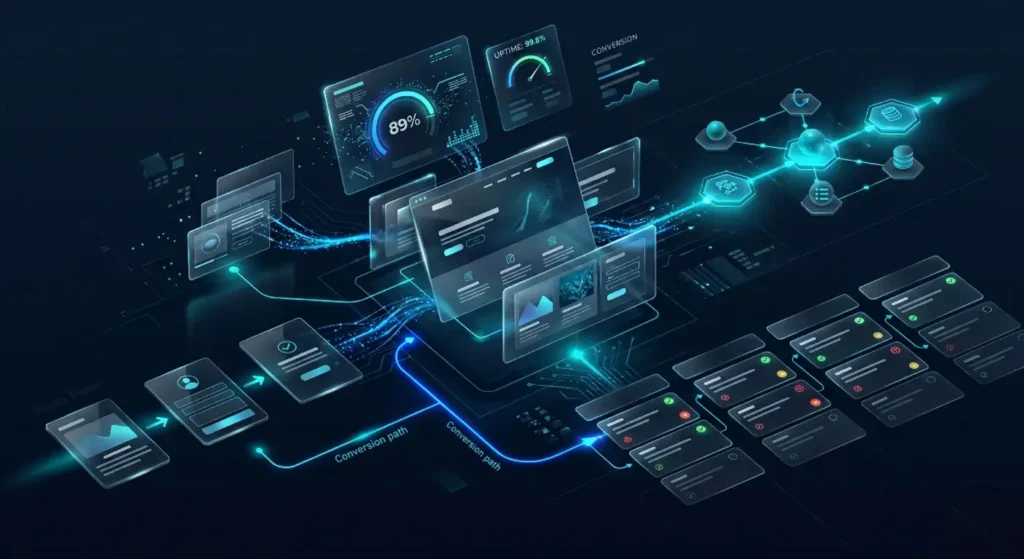 Technical optimization website system showing performance, forms, CRM, and conversion flow