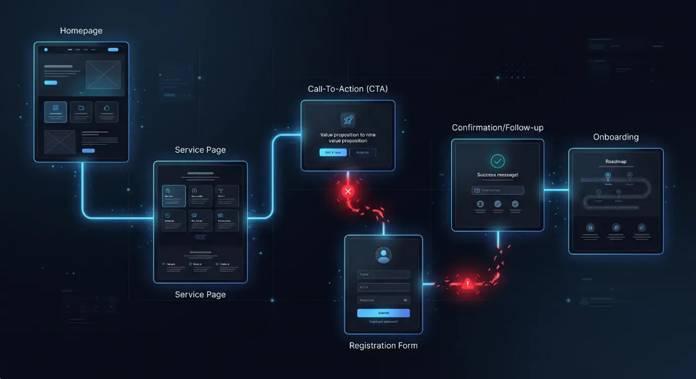 Decision journey with missing connections between entry, evidence, and action