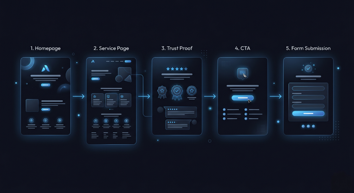 Website journey connecting visitor intent, evidence, action, and confirmation