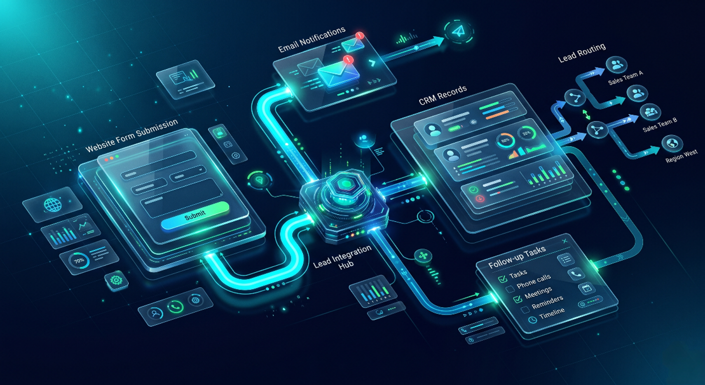 Lead capture connected to routing, CRM ownership, and follow-up status