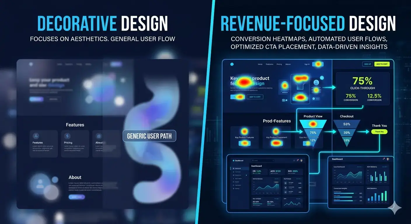 Comparison between surface-level website design and a connected revenue system