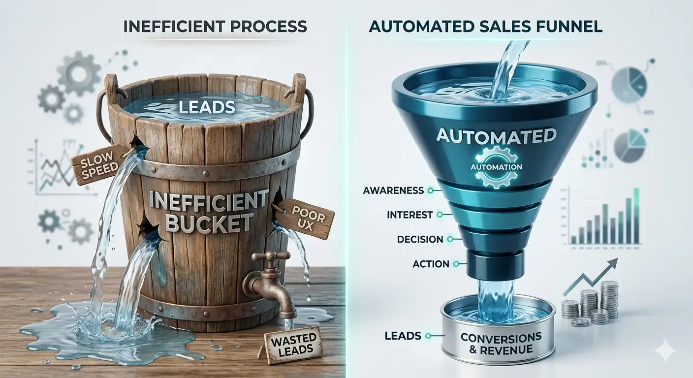 Leaky marketing bucket compared with an optimized conversion funnel