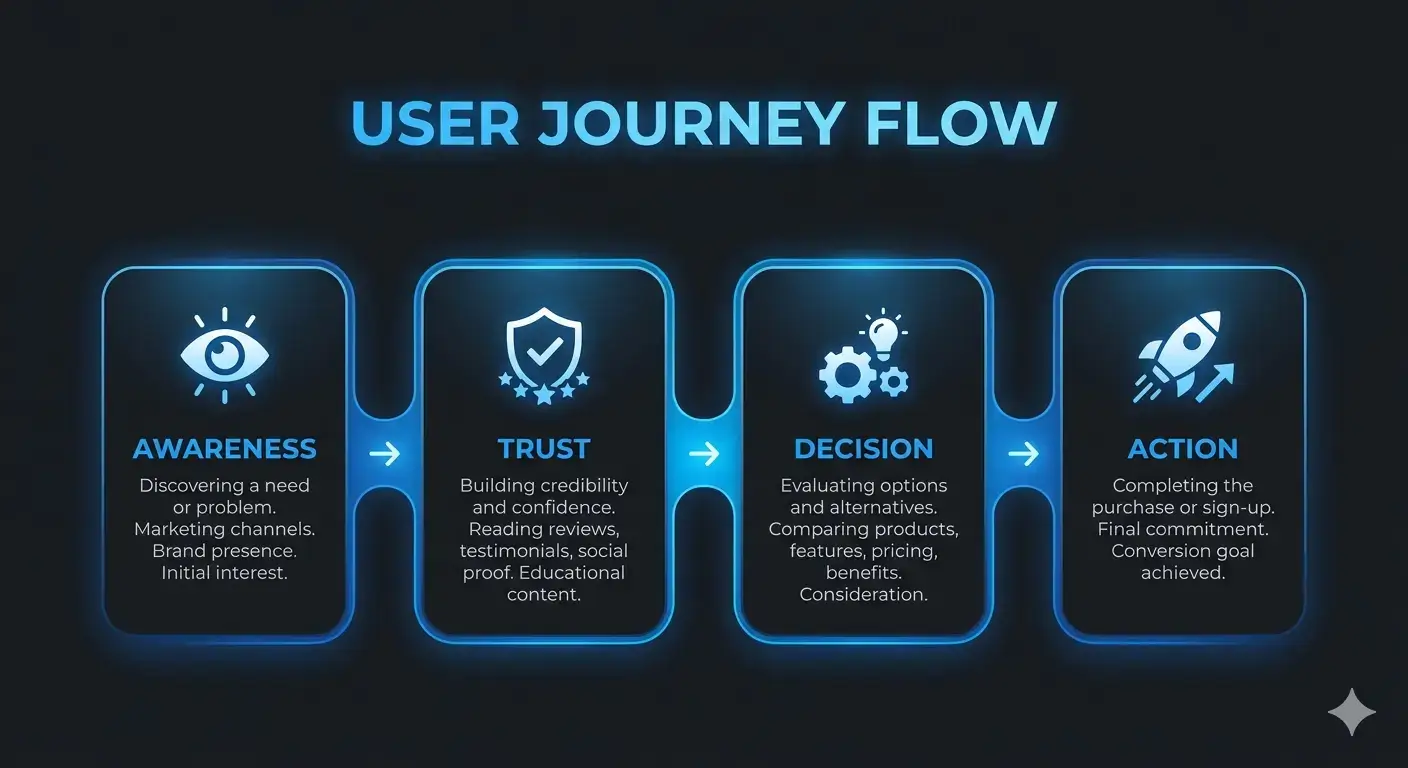 Structured website journey connecting entry, trust, clarity, and action