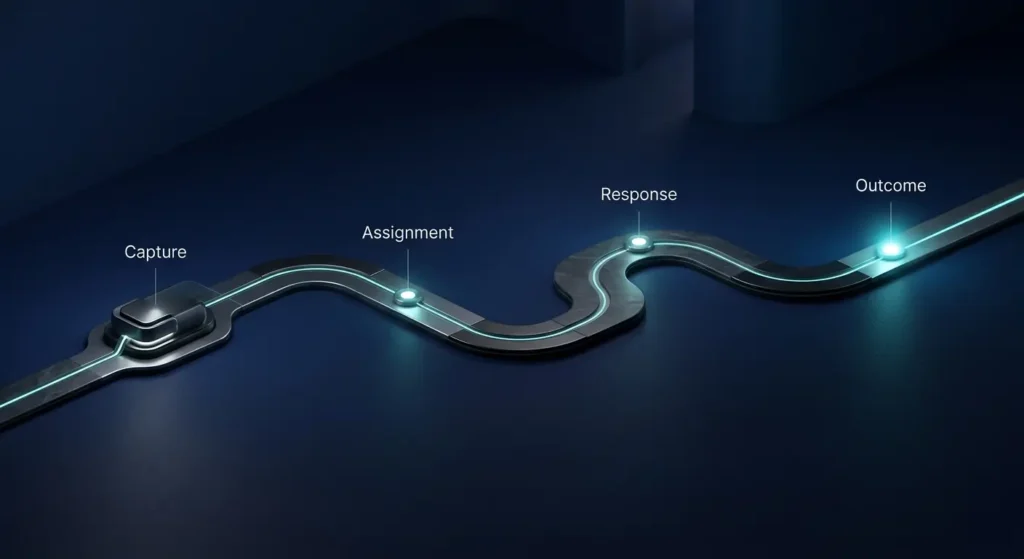 A connected lead route showing assignment, first response and outcome as measurable checkpoints.