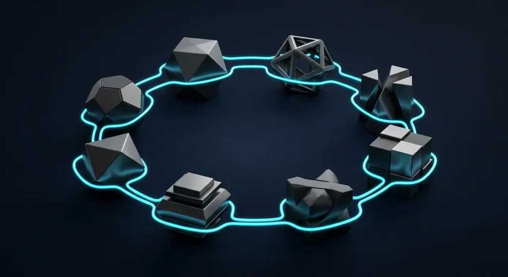 Seven connected modules forming one continuous website conversion system circuit.