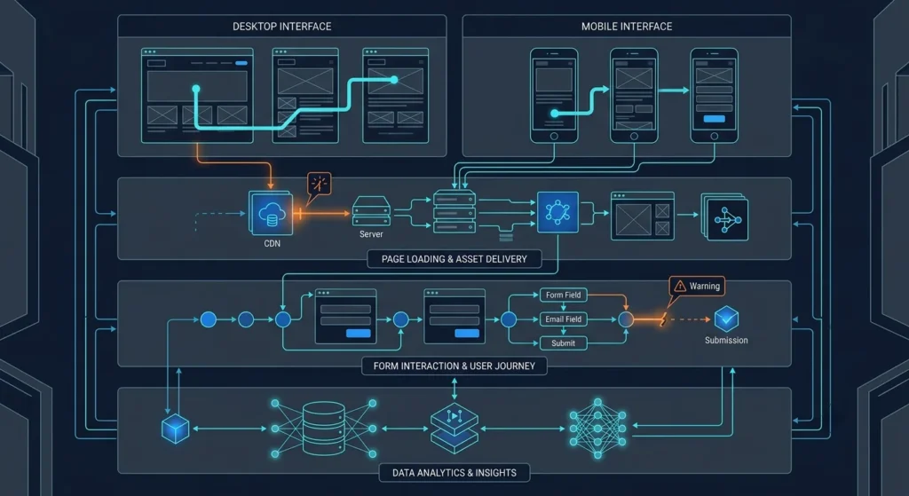 Website UX, performance and form friction shown across connected digital layers