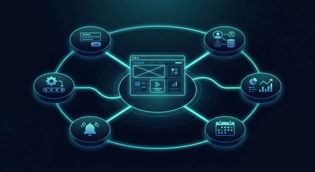 Website connected to forms, CRM, analytics and automation dependencies.