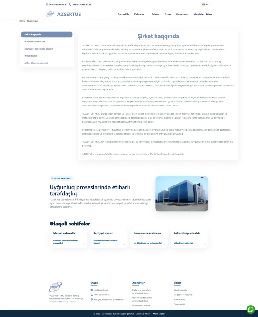 Página corporativa rediseñada de Azsertus con una estructura actualizada y navegación hacia páginas relacionadas