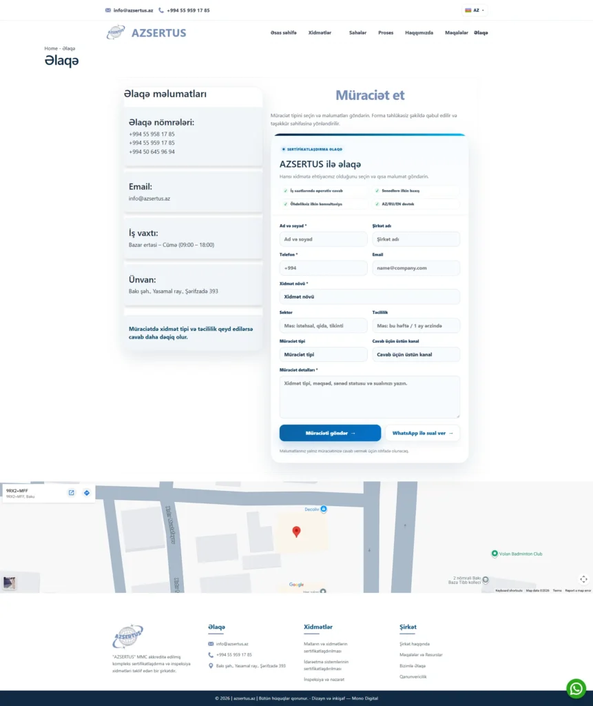 Página de contacto de Azsertus con formulario de consulta de servicios, datos de contacto y mapa integrado