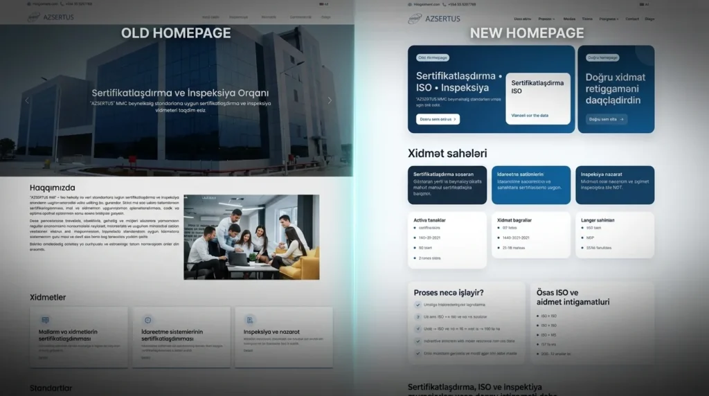 Sitio web de Azsertus antes y después del rediseño, con la página HTML original y la nueva plataforma WordPress multilingüe