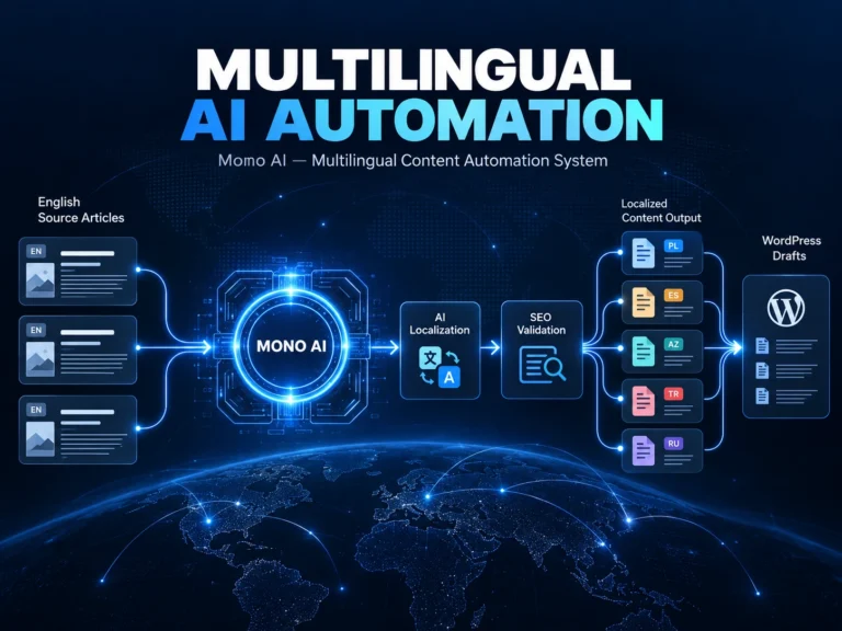 Conceptual Mono AI multilingual automation architecture connecting English articles, AI localization, SEO validation and five WordPress language drafts.