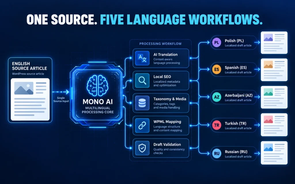 Mono AI multilingual workflow illustration showing English content processed into Polish, Spanish, Azerbaijani, Turkish and Russian drafts.