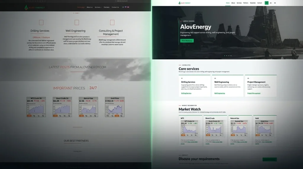 Mono Digital-in Joomla-dan WordPress-ə keçidindən əvvəl və sonra AlovEnergy saytı: yenilənmiş ana səhifə və təkmilləşdirilmiş məzmun strukturu.