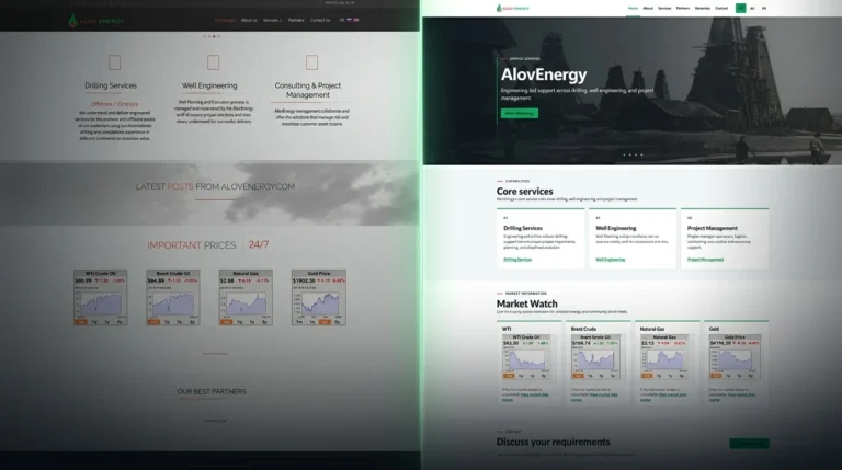 Mono Digital-in Joomla-dan WordPress-ə keçidindən əvvəl və sonra AlovEnergy saytı: yenilənmiş ana səhifə və təkmilləşdirilmiş məzmun strukturu.