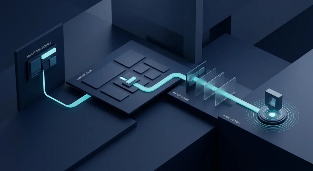 Aligned post-click journey connecting an advertising source with landing-page content, proof and action.