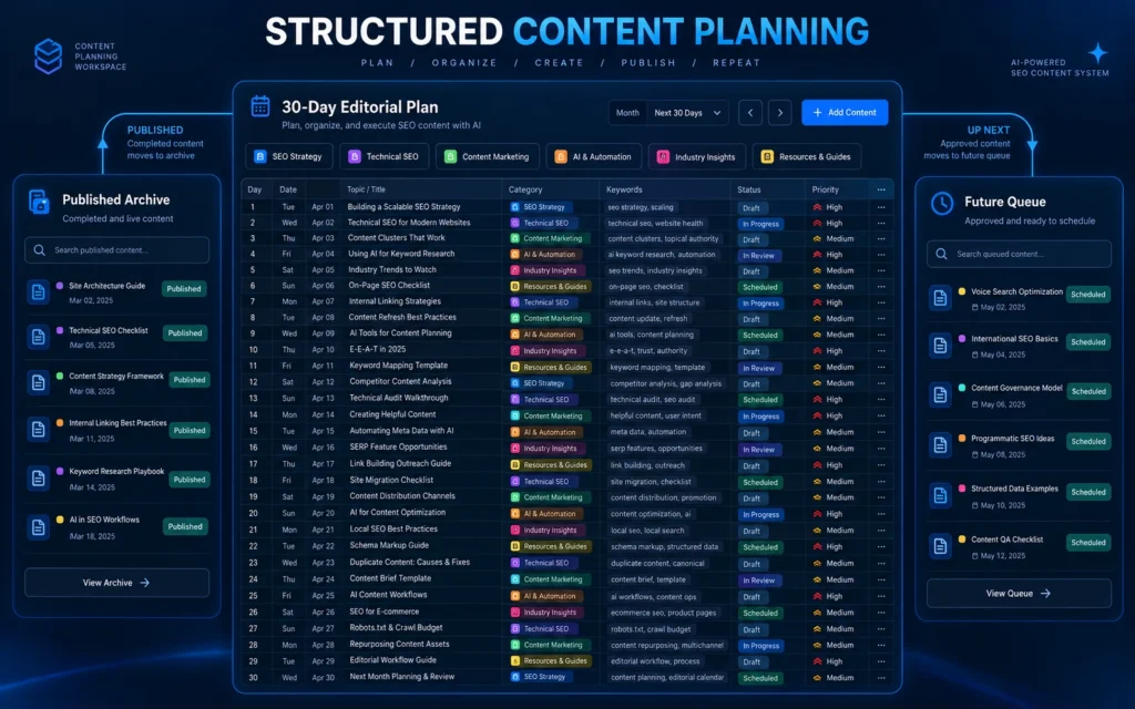 Conceptual 30-day SEO editorial planning interface with published content archive, upcoming topics and scheduling priorities.