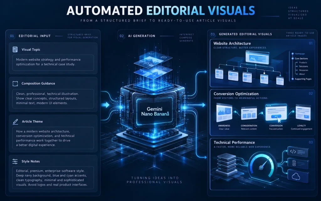 Conceptual Gemini Nano Banana image generation workflow producing editorial illustrations from a structured visual brief.