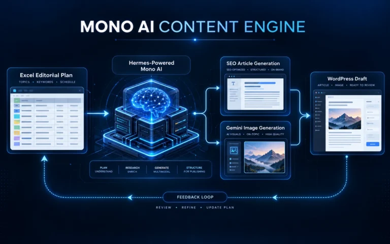 Mono AI SEO content engine architecture connecting Excel planning, Hermes automation, article creation, Gemini image generation and WordPress drafts.