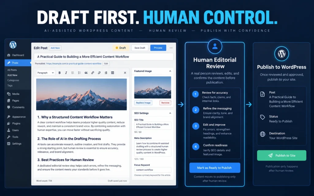 Conceptual WordPress editorial workflow showing an AI-prepared article draft and human review before publication.