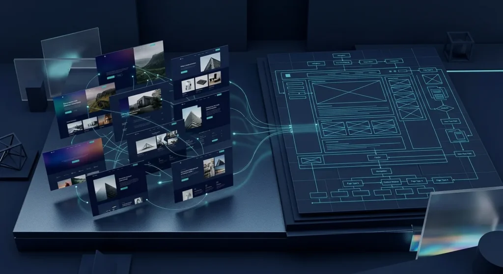 Unplanned website screens compared with a structured page architecture before design.